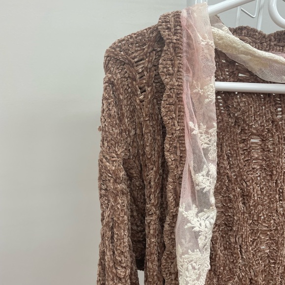 POL brown chenille long cardigan with lace detail - Picture 2 of 5